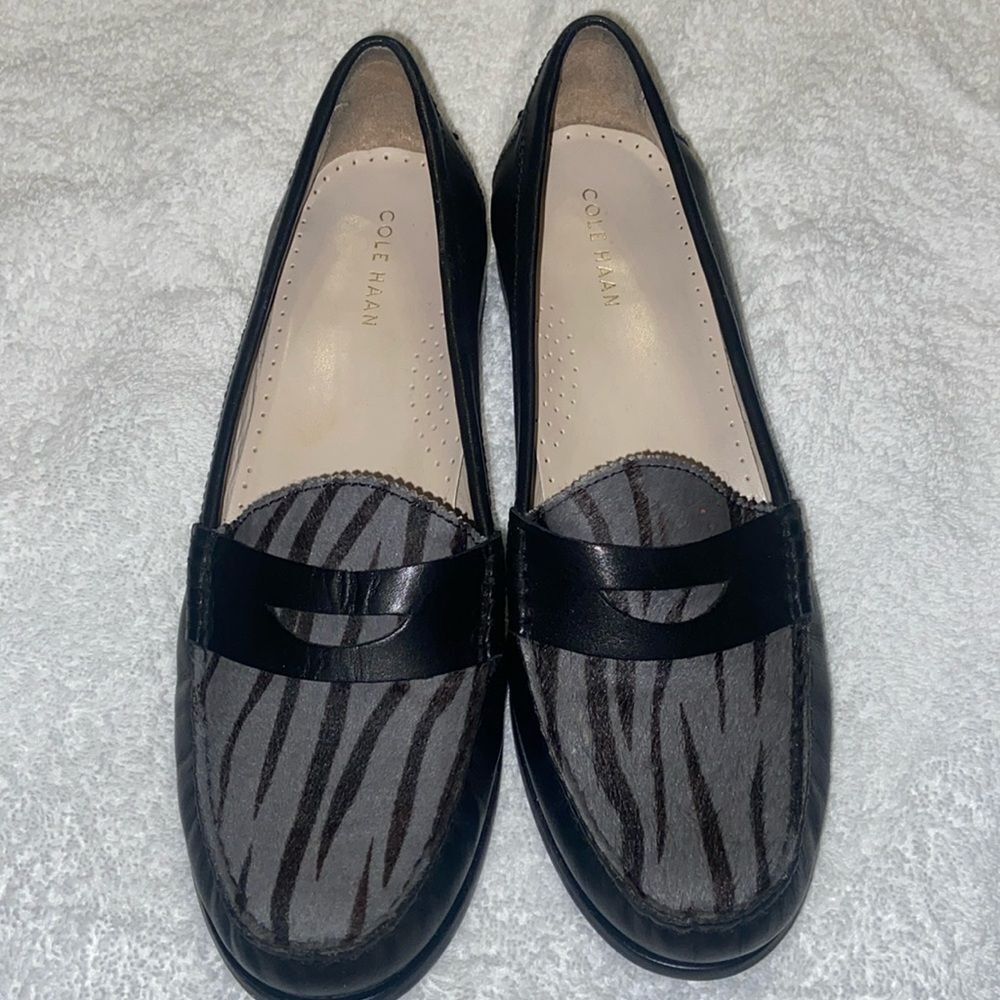 Cole Haan Black and Gray Zebra-Print Leather Penny Loafers